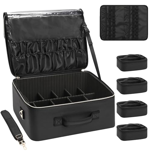Relavel Extra Large Makeup Case Professional Cosmetic Storage Organizer Box Brush Holder with 4 Clear Set Bags for Makeup Artists with Shoulder Strap & Adjustable Dividers, Leather Black - color: Black leather, size: Extra Large