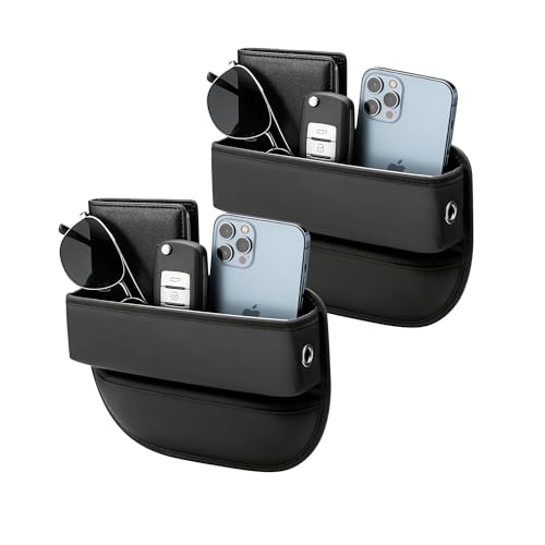 Car Seat Gap Filler Organizer, Multifunctional Auto Console Side Storage Box with Cup Holders & Phone Holder, Premium PU Leather Car Front Seat Organizer for Drinks, Sunglasses, Keys, 2 Pack Black