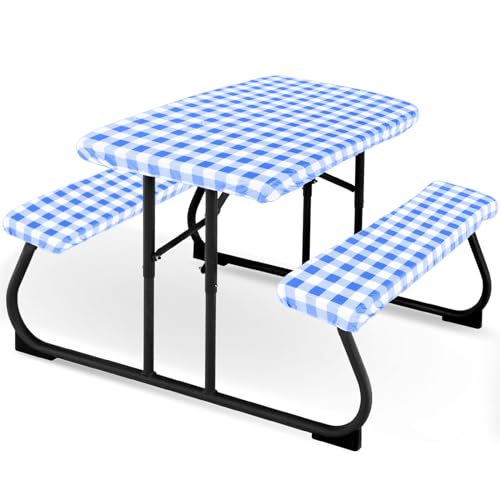 Moukeren 3 Pieces Picnic Table Cover for Kids with Bench Covers Fitted Tablecloth for Outdoors Vinyl Waterproof Cloth for Camping Home Goods Indoor Outdoor Patio BBQ(Blue, White)