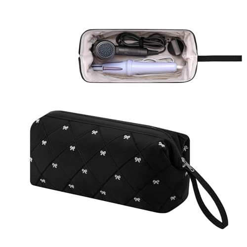 RSRSLEII Large Quilted Hair Tools Travel Bag with Bow Pattern,Waterproof Hair Styling Accessories Storage Case for Shark FlexStyle, Dyson Airwrap Hair Dryer, Curling Iron, Revlon Hair Tools(Black) - color: 01Black