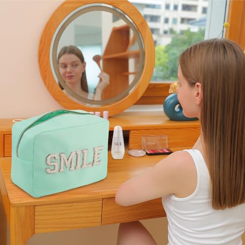 Beach Vacation Essentials Large Makeup Bag Chenille Glitter Cosmetic Pouch Travel Toiletry Kit Bag for Women (XL,Mint-Smile) - color: Mint-Smile, size: XL