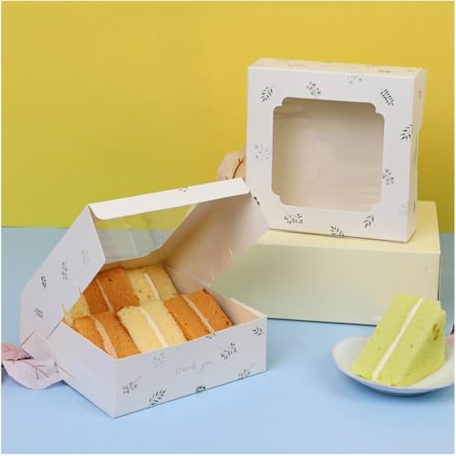 20 Pack Bakery Boxes with Window Small 6x6x2 inch for Cookie, Candy, Pastry, Brownie, Chiffon Cake, Tart, Pie, Waffle (White - Leaf) - color: White - Leaf