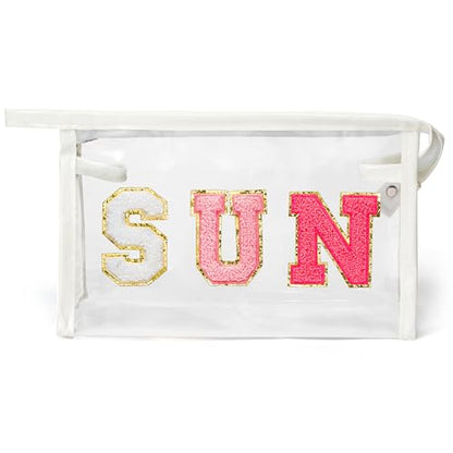Y1tvei Clear SUN Makeup Bag - Preppy Rose Red SUN Chenille Varsity Letter Cosmetic Bag PVC Transparent Zipper Waterproof Beach Makeup Carry Pouch Portable Travel Toiletry Organizer for Women(White) - color: Rose red SUN White