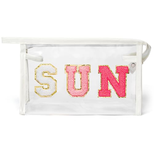 Y1tvei Clear SUN Makeup Bag - Preppy Rose Red SUN Chenille Varsity Letter Cosmetic Bag PVC Transparent Zipper Waterproof Beach Makeup Carry Pouch Portable Travel Toiletry Organizer for Women(White) - color: Rose red SUN White