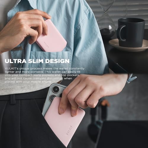 VULKIT Slim Minimalist Card Holder RFID Blocking Leather Credit Card Holder Front Pocket Wallet Magnetic Closure - color: Pink