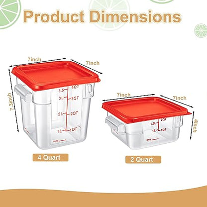 Barydat 4 Pcs Square Food Storage Containers with Lids Measurement Scales, 2qt & 4qt Clear Plastic Stackable Containers for Dough Proofing Baking Kitchen Restaurant and Pantry Organization(Red) - color: Red