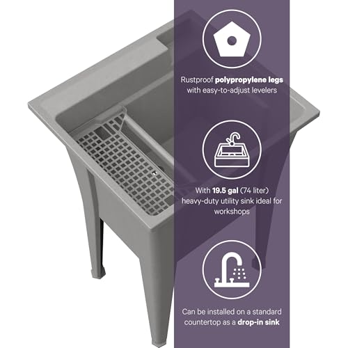 Freestanding Utility Sink with One Handle Black Faucet - 24" Plastic Utility Sink for Garage, Laundry, Indoor and Oudoor Use - Laundry Tub Kit by Noah William Home - Grey (19.5 gal) - color: Grey - One handle black faucet