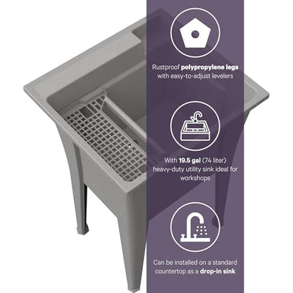 Freestanding Utility Sink with One Handle Black Faucet - 24" Plastic Utility Sink for Garage, Laundry, Indoor and Oudoor Use - Laundry Tub Kit by Noah William Home - Grey (19.5 gal) - color: Grey - One handle black faucet