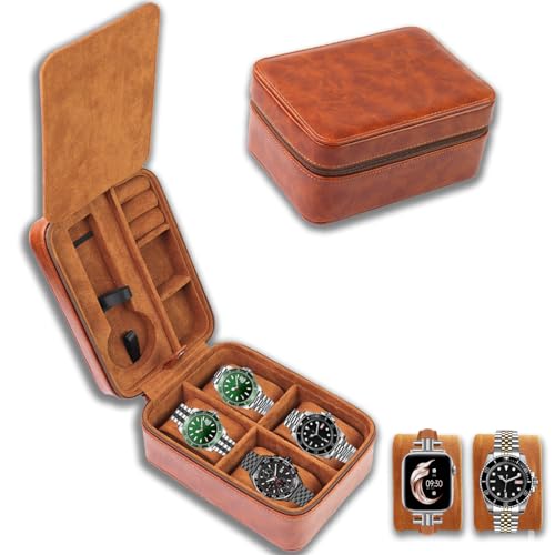Juntan Watch Box, 5 Hard Watch Travel Case Storage Organizer for 5 Watches and Jewelry, PU Leather Travel Watch Case with Zipper for Ring and Watch Storage for Men Women - color: Brown-5Slots(Zipper)