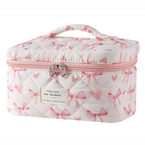 uekeboag Large Travel Quilted Makeup Bag for Women, Floral Cotton Cosmetic Bag, Coquette Aesthetic Floral Toiletry Organizer Bag - color: 15Love Bow