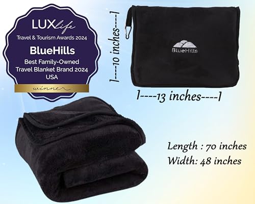 BlueHills Premium Soft Tall Travel Blanket Pillow Airplane Flight Blanket Long Throw in Bag Pillowcase with Backpack Clip Compact Large Long Traveling Essentials Portable Black T054 - color: Black-long-t054