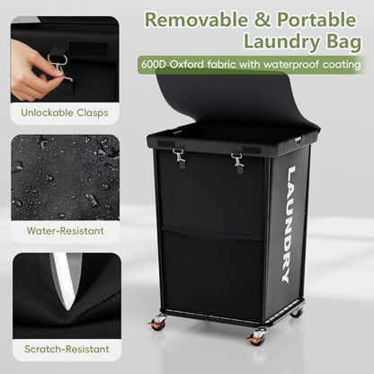 150L Laundry Basket with Lid and Wheels, Rolling Laundry Hamper with Cloth Cover, Laundry Cart with Metal Frame & Removable Bag, Large Dirty Clothes Hampers for Bedroom, Laundry Room Bathroom, Black - color: Black, size: 150L
