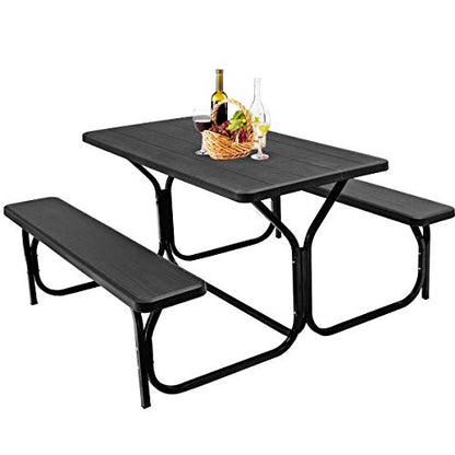 GYMAX Picnic Table, Picnic Bench Easy to Assemble w/All Weather Wood Grain Tabletop & Metal Frame, Picnic Tables for Outdoors Camping Backyard Deck Patio Poolside Dining Party - color: Black