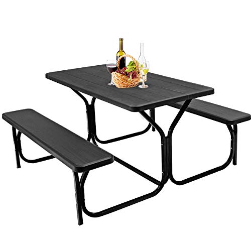 GYMAX Picnic Table, Picnic Bench Easy to Assemble w/All Weather Wood Grain Tabletop & Metal Frame, Picnic Tables for Outdoors Camping Backyard Deck Patio Poolside Dining Party - color: Black