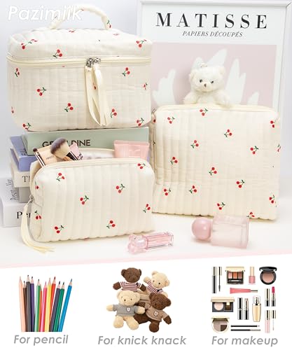 PAZIMIIK 3PCS Makeup Bag SET Large Travel Quilted Zipper Soft Cosmetic Case Pouch for Women Girls Make Up,Cherry Beige - color: Cherry Beige, size: 3 PCS SET