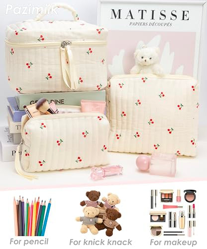 PAZIMIIK 3PCS Makeup Bag SET Large Travel Quilted Zipper Soft Cosmetic Case Pouch for Women Girls Make Up,Cherry Beige - color: Cherry Beige, size: 3 PCS SET