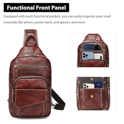 LANNSYNE Full Grain Leather Casual Sling Bag For Men Hiking/Travel/Business Crossbody Chest Bag Fits 12.9" iPad - color: Coffee for 12.9 Ipad