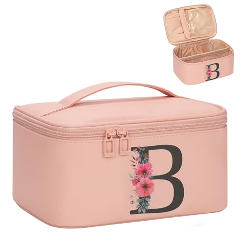 OCHEAL Initial Makeup Bag,Monogram Make up Bag Pink Travel Makeup Organizer Case Beauty Toiletry Cosmetic Bag with Brush Holder, Trendy Stuff Personalized Gifts for Women and Girls-B - color: Pink, style: B