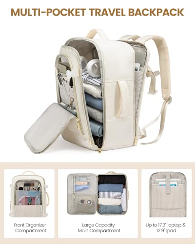 LOVEVOOK 40L Travel Backpack for Women, Carry On Flight Approved, Large Personal Item Bag, Fits 17 inch Laptop, TSA Approved Luggage with 3 Packing Cubes, Waterproof Weekender Gym Backpack - color: White, size: 40L