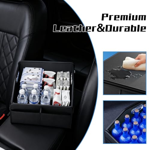 Leather Car Organizer Front Seat Organizer with Metal Handles, Dividable Black Car Caddy Organizer for Passenger Seat Organizer