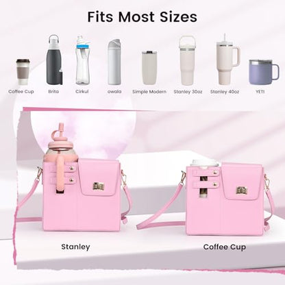 Outdoor Portable Crossbody Water Cup Purse Bag Water Bottle Carrier Bag with Phone Pocket Tumbler Carrier with Strap - color: Pink