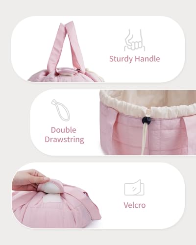 Narwey Lay Flat Open Drawstring Puffer Makeup Bag, Large Quilted Cosmetic Bag for Women Girls, Cute Make up Bags with Handle, Travel Toiletry Bag for Skincare, Brushes & Travel Essentials (Pink) - color: B-Quilted Pink