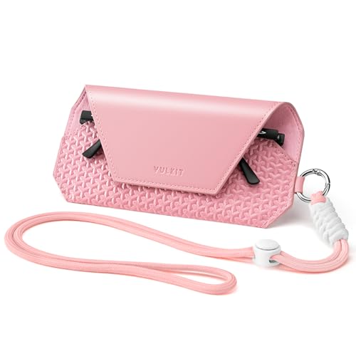 VULKIT Portable Leather Eye Glasses Case for Women & Men, Slim Sunglass Case, Unisex Eyeglass Case - color: Blush Pink With Lanyard