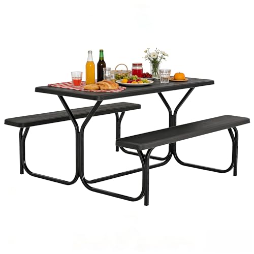 COSTWAY Outdoor Picnic Table, HDPE Plastic Picnic Table Bench Set with Weather Resistant Tabletop & Wood Texture, Ideal for Patio, Backyard (59" D x 54" W x 28.5" H,Black) - color: Black