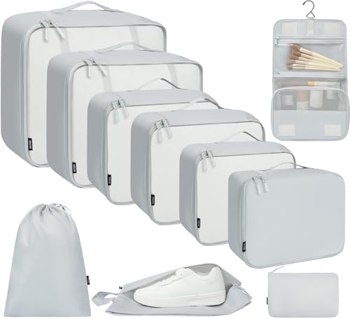 BAGAIL 6 Set/8 Set/10 Set Packing Cubes Various Sizes Packing Organizer for Travel Accessories Luggage Carry On Suitcase - color: 10-LightGrey, style: 10 Set-full Mesh
