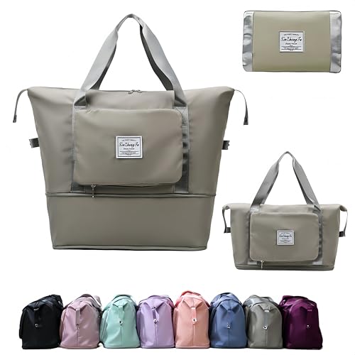 Large Capacity Foldable Travel Bag, Expandable lightweight Carry on Bag, Dry with Wet Separation Spor Duffel Bags (Gray) - color: Gray
