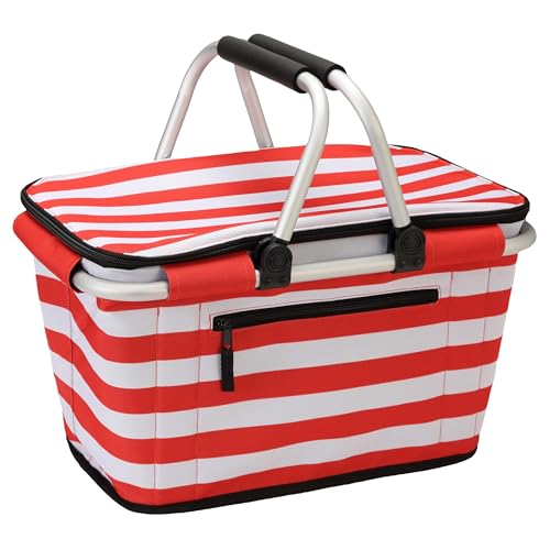 SIYUAN Picnic Basket with Handles 30L Leakproof Insulated Cooler Stripped Grocery Shopping Market Tote for Family Red White - color: Red White