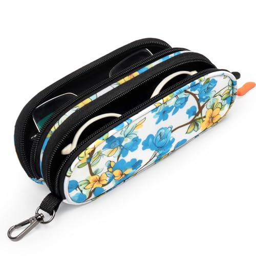 Double Eyeglasses Case Soft Portable Zipper Sunglasses Pouch with Keychain Clip for Men Women - color: Blue Flower