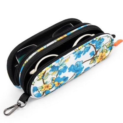 Double Eyeglasses Case Soft Portable Zipper Sunglasses Pouch with Keychain Clip for Men Women - color: Blue Flower