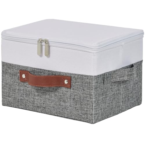 Storage Boxes with Zipper Lid Cotton Linen Fabric Lidded Storage Bins Baskets Foldable Washable Closet Shelf Clothes Organizer Container Faux Leather Handles (Gray White, Small) - color: Gray White, size: Small ( Set of 1 )