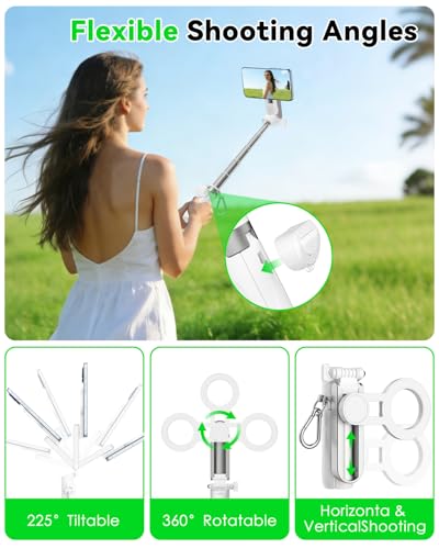 CloudValley Magnetic Selfie Stick & Mini Tripod, 360° Rotation Extendable Handheld Stabilizer/Camera Grip with Remote, 5 in 1 Portable Phone Stand for iPhone/Android, Travel Vlog, Live Stream, White - color: White