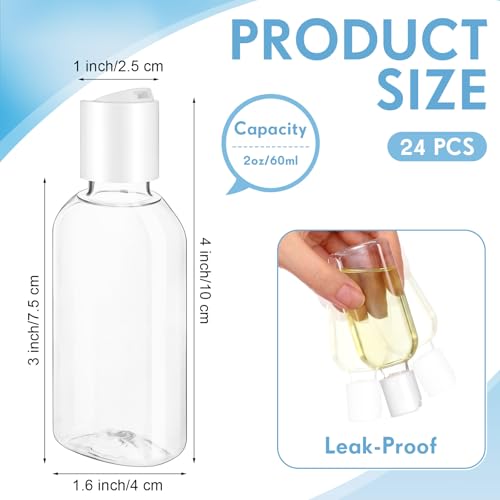 Domensi 24 Pcs Plastic Bottle Squeeze Containers with Disc Cap Travel Bottles Reusable Empty Toiletries Shampoo Containers Refillable Travel bottles for Shampoo Lotions (2oz,White) - color: White, size: 2oz