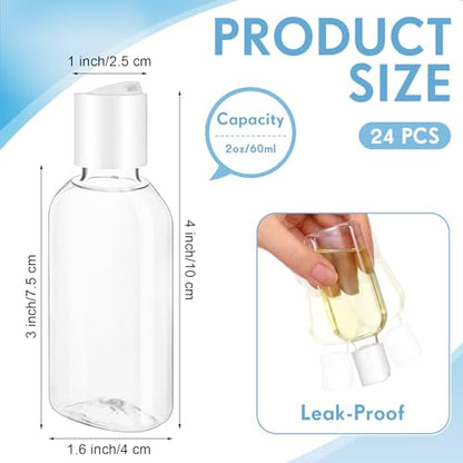 Domensi 24 Pcs Plastic Bottle Squeeze Containers with Disc Cap Travel Bottles Reusable Empty Toiletries Shampoo Containers Refillable Travel bottles for Shampoo Lotions (2oz,White) - color: White, size: 2oz