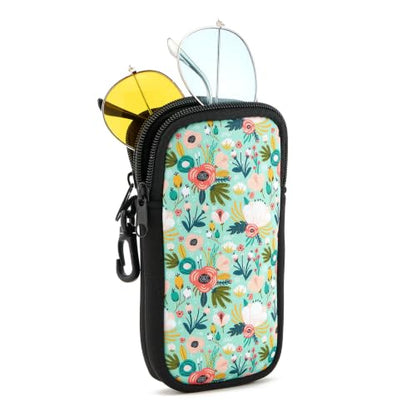 WOZEAH Double Eyeglass Case with 2 Compartments, Travel Eyewear Organizer for Two Pairs of Glasses - color: Green Flower