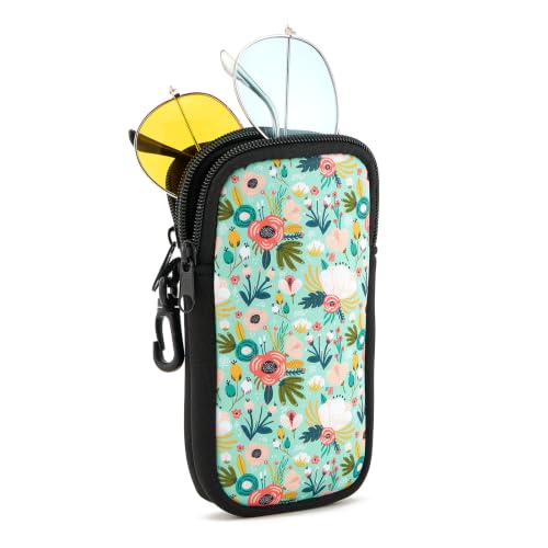 WOZEAH Double Eyeglass Case with 2 Compartments, Travel Eyewear Organizer for Two Pairs of Glasses - color: Green Flower