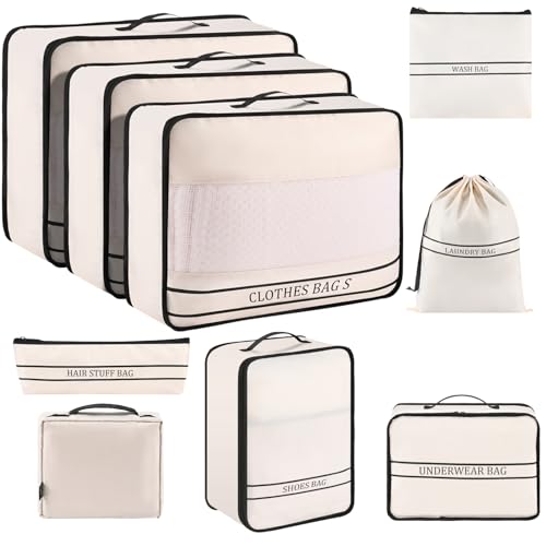 9 Set Packing Cubes Luggage Packing Organizers for Travel Accessories Space Saving Travel Bags for Carry On, Lightweight Mesh Zipper, Clothes, Shoes, Laundry and Shoe Bag, Suitcases (Cream) - color: Cream