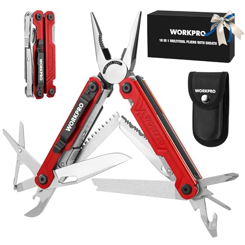 WORKPRO 18-in-1 Multi Tool Pliers with Pocket Knife, Birthday Gifts for Men Dad Women Wife, Stainless Steel EDC Multitool with 2 Safety Locks, Belt Clip and Oxford Pouch, Utility Tool for Camping - color: Red, size: 18-in-1