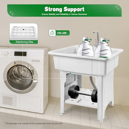 Freestanding Plastic Laundry Sink with Washboard & Hot and Cold Faucet, Portable Hose & Drain Kit for Indoor/Outdoor Use in Laundry Room, Garage, Garden. (White 31 x 22.1 x 31.5in)