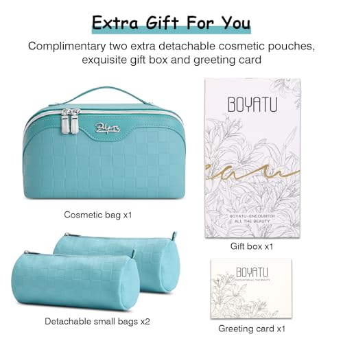 BOYATU Checkered Travel Makeup Bags: Vacation-Ready Light Blue Large Capacity Cosmetic Bag for Women - 3 Pcs Set Toiletry Organizer with Waterproof Leather - Easy to Clean Beach Trip Essential - color: 01-C-Blue