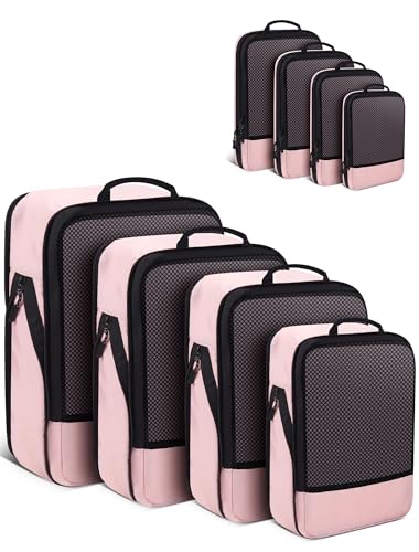 4 PCS Set Compression Packing Cubes for Travel, Lightweight Packaging Organizer Bags for Carry On Space Saving, Travel Essentials Cubes for Suitcase Backpack, Pink - color: Pink, size: 4 Set