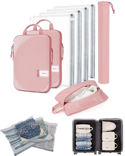 BAGSMART 8 Pcs Compression Packing Bags Set with 4 Pack Vacuum Bags Storage for Cruise Travel Essentials, Hand-rolled Space Saver Vacuum Storage Bags, Baby Pink