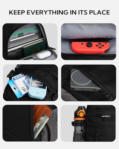 WATERFLY Small Crossbody Sling Bag: RFID Sling Backpack Chest Bag Travel Shoulder Multiple Pockets Hiking Daypack for Man Woman - color: Black