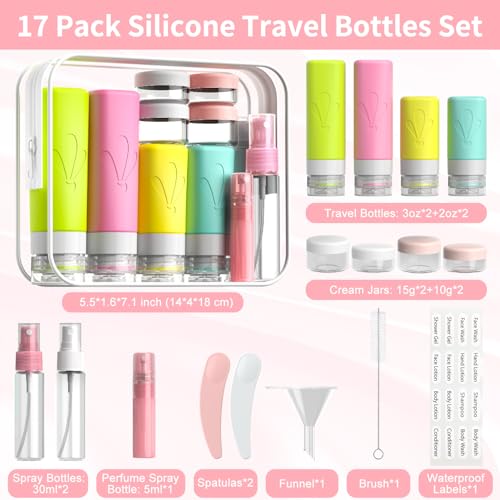 INSFIT 17 Pack Travel Bottles for Toiletries, TSA Approved 3oz 2oz Travel Size Toiletries, BPA Free Leak Proof Squeezable Silicone Tubes Travel Essentials for Shampoo Conditioner Lotion Soap - color: Multicolored