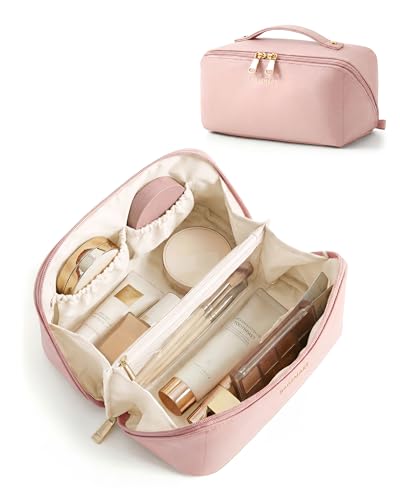 BAGSMART Makeup Bag Travel Cosmetic Bag, Large Make Up Bag Flat Open Toiletry Bag for Women, Waterproof PU Leather Travel Essentials Organizer Case, Wide-open Pouch Purse for Skincare, Brushes, Pink - color: 03- Pink