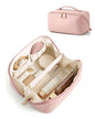 BAGSMART Makeup Bag Travel Cosmetic Bag, Large Make Up Bag Flat Open Toiletry Bag for Women, Waterproof PU Leather Travel Essentials Organizer Case, Wide-open Pouch Purse for Skincare, Brushes, Pink - color: 03- Pink