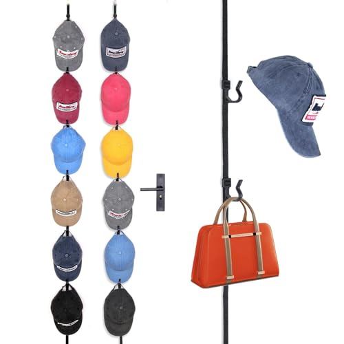 Over The Door Hat Organizer for Baseball Caps, Anti-Drop S Hooks, Holds 12-36 Caps, Adjustable Door Hat Rack, No Drill Installation, Also Great for Bags & Accessories